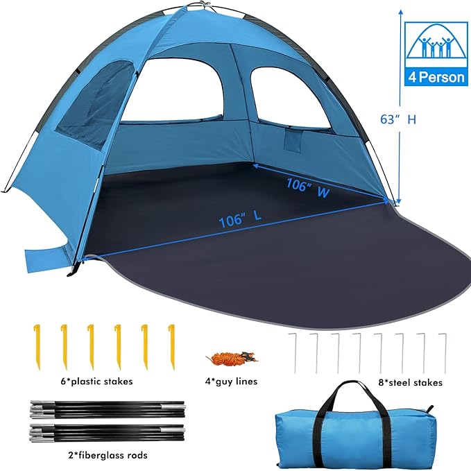 WhiteFang Beach Tent Anti-UV Portable Sun Shade Shelter for 3/4/6/8 Person, Extendable Floor with 3 Ventilating Mesh Windows Plus Carrying Bag, Stakes and Guy Lines