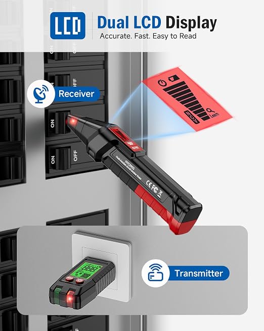 Circuit Breaker Finder with LCD Display, 90-250V Electrical Circuit Tracer Tool with GFCI Outlet Tester, NCV Circuit Tester with Adapters & Carrying Case, Digital Receiver for Home Workshop