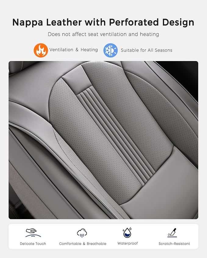 Huidasource Gray Front Seat Covers, Car Seat Covers Front Seats Nappa Leather with Lumbar Support, Side Elastic Fabric, Airbag, Ventilation ＆ Heating, Universal Fit for Most Vans Cars SUV Trucks, Gray