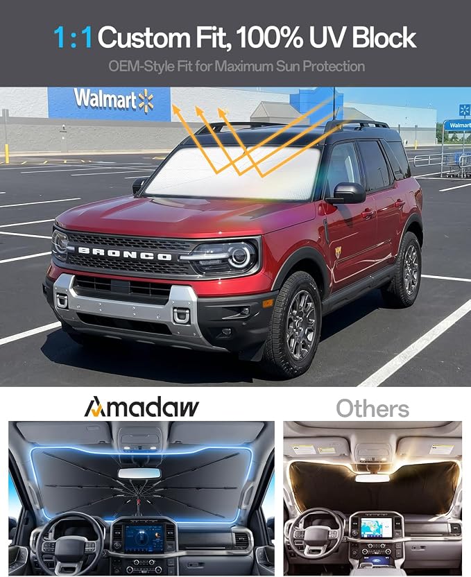 Windshield Sun Shade for Ford Bronco Sport 2021–2026, Foldable Umbrella Sunshade with 100% UV Block, Multi-Layer Heat Insulation, Reinforced 10-Rib Frame, Keeps Car Cooler
