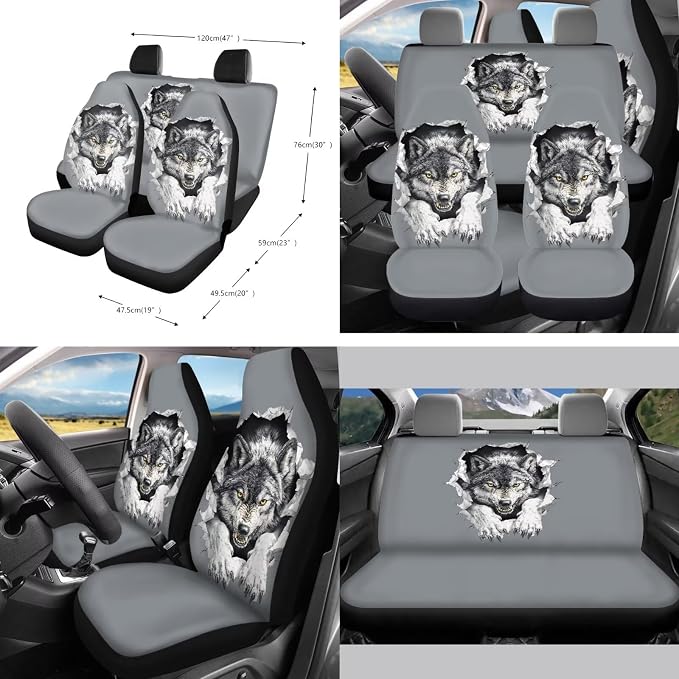 Wolf Grey Pattern Car Accessories Set 10 Pack Car Seat Covers Car Trash Can Steering Wheel Cover Auto Air Vent Storage Bag Coasters Keychain Universal Fit for SUV Van Truck