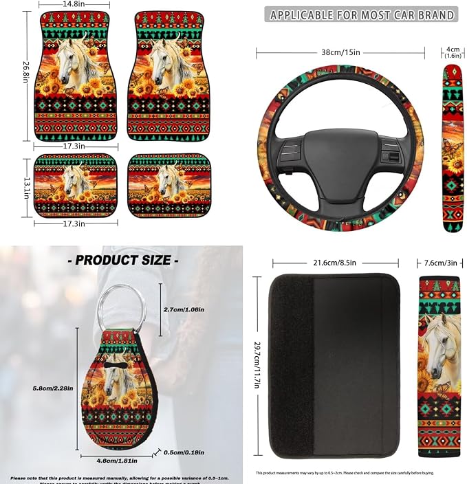 Aztec Horse Print Car Seat Covers Full Set with Steering Wheel Cover Floor Mats Armrest Pad Seat Belt Pads Roof Handle Wraps Cup Coaster Keychain Auto Interior Accessories Set of 18