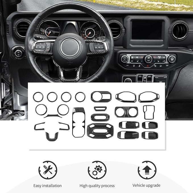 21PCS Carbon Fiber Interior Trim Kits Fit for 2018-2023 Jeep Wrangler JL JLU & Gladiator JT 4Door Interior Decor Accessories Dashboard AC Headlight Switch Roof Speaker Inner Door Bowl Steering Button
