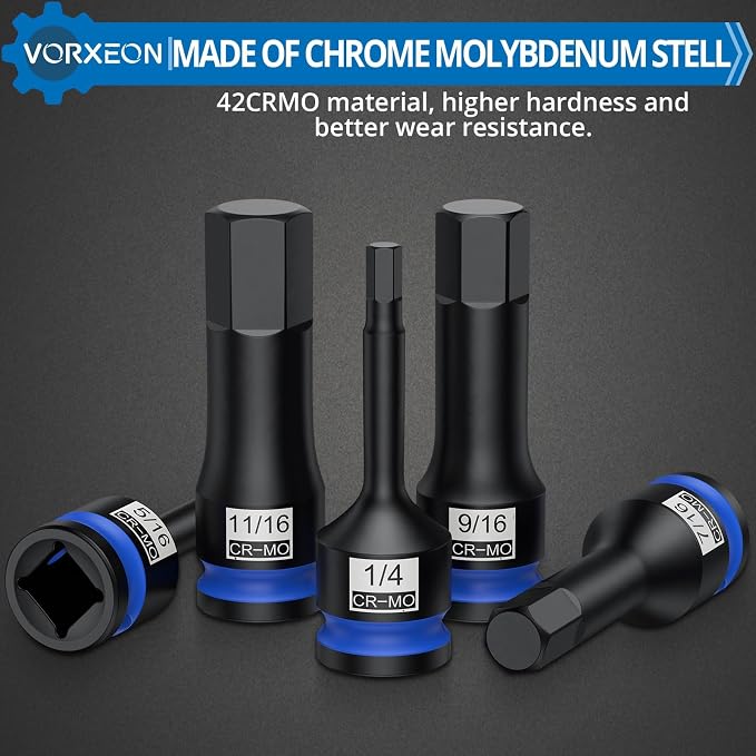 10 PCS 1/2" Drive SAE Impact Allen Hex Bit Socket Set 42CRMO with Storage Case 1/4” 9/32” 5/16” 3/8” 7/16” 1/2” 9/16” 5/8” 11/16” 3/4”