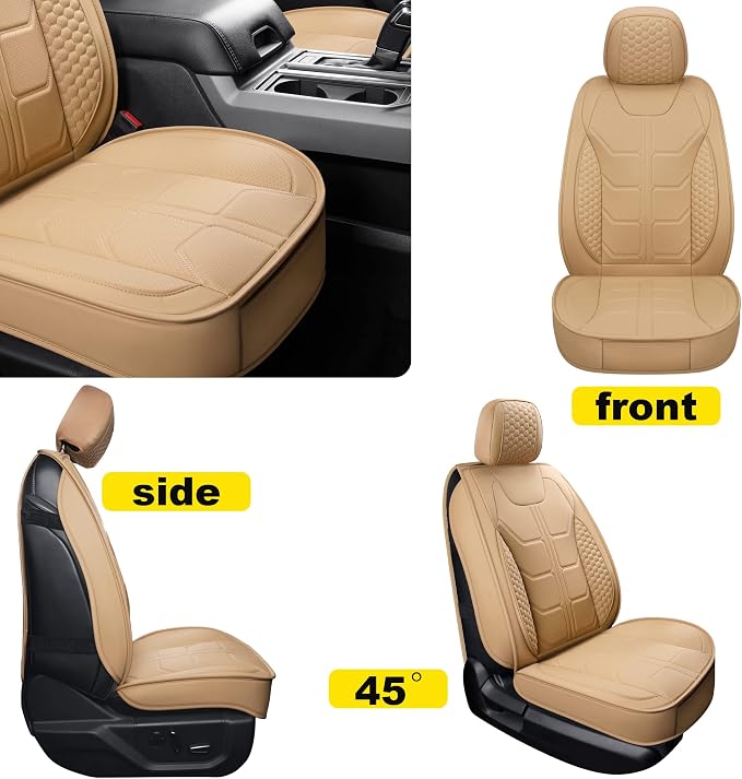 GXT Dodge RAM Front Seats Cover Fit for Select 2013-2021 Dodge RAM 1500 2500 3500 Pickup Truck, Waterproof Synthetic Leather Car Seat Cover and Cushion (Beige)