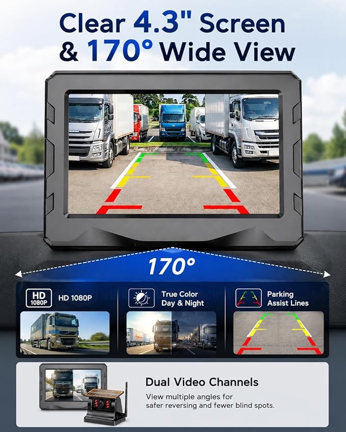 Magnetic Solar Wireless Backup Camera : 4.3" Portable Truck Cameras | Easy Install Scratch-Proof No Delay Backup Camera for Truck Rechargeable HD 1080P for Trailer Small RV Camper
