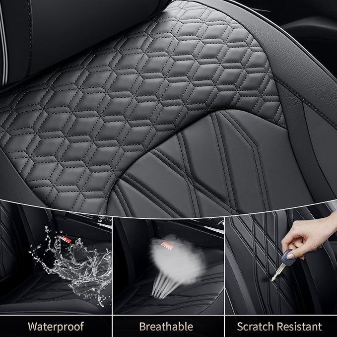 FLORICH Leather Cars Seat Covers Full Set, Waterproof Automotive Seat Covers Seats Full Wrapping Edge Seat Cushion Non-Slip Breathable Universal Fit for Most Car Truck SUV Seat Protection, Black
