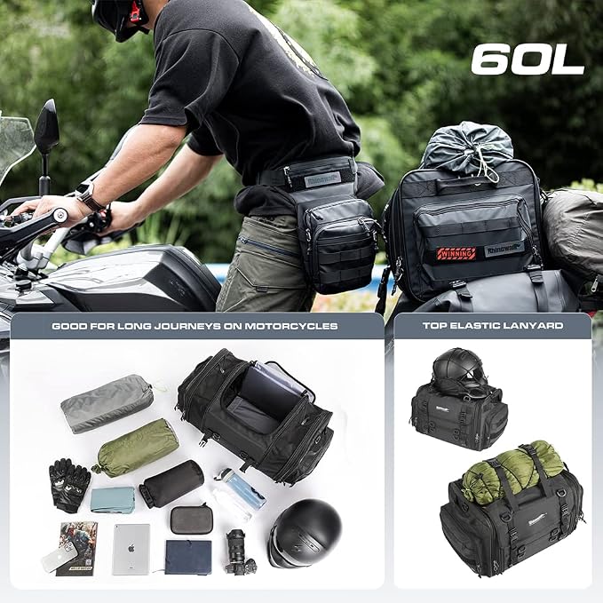 Rhinowalk Motorcycle Saddle Bag Motorbike Tail Bag Waterproof Expandable Pannier Bag Powersports Travel Luggage 60L (Black)