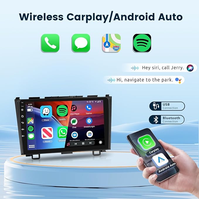2G+64G Android Car Stereo for Honda CRV 2007-2011 with Wireless Carplay/Android Auto with WiFi GPS Navigation, 9" Touchscreen Bluetooth Car Radio Support USB FM/RDS EQ HD Backup