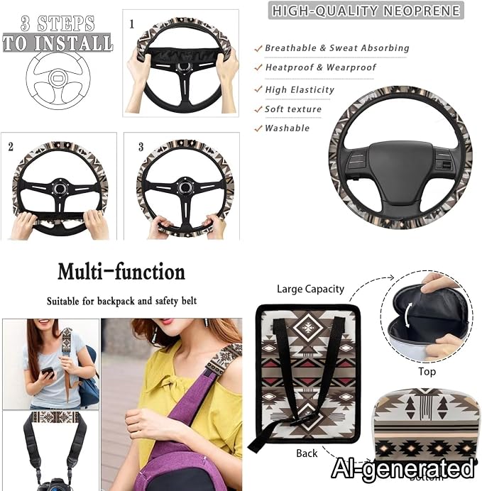 Dreaweet Navajo Seat Covers for Cars Full Set Southwestern Geometric Tribal Steering Wheel Cover Seat Belt Pads Trash Bag Vent Storage Pouch Rear View Mirror Cover Car Coasters Keychain 15 Pcs Set
