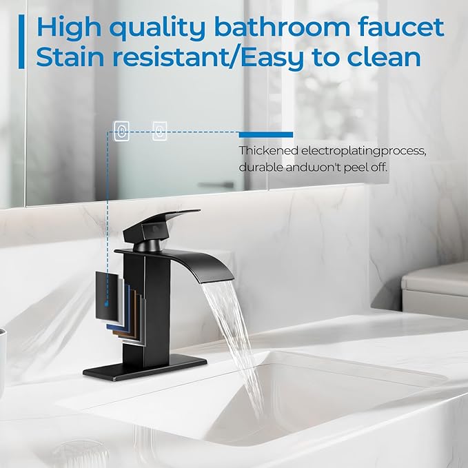 Matte Black Bathroom Faucets, Waterfall Bathroom Sink Faucet Modern Single Handle Bathroom Faucte 1 or 3 Hole, RV Mixer Tap Vanity Faucet - Includes Supply Hoses Deck Plate