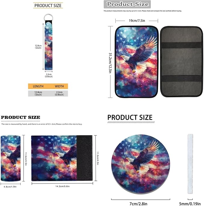 18 Pcs Eagle American Flag Car Interior Accessories Set, Car Seat Covers Full Set with Auto Steering Wheel Cover Floor Mats Armrest Pad Seat Belt Pads Handle Wraps Cup Coaster Keychain