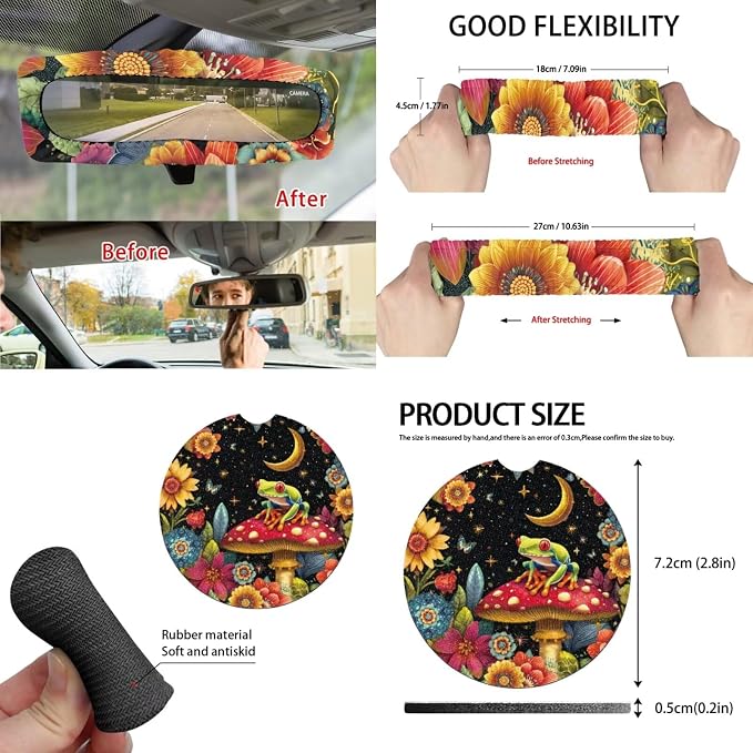 Moon Mushroom Frog Car Seat Covers Set of 15 with Universal Steering Wheel Cover, Rearview Mirror Cover, Car Trash Can, Seatbelt Pads, Cup Holder Coasters, Keychains