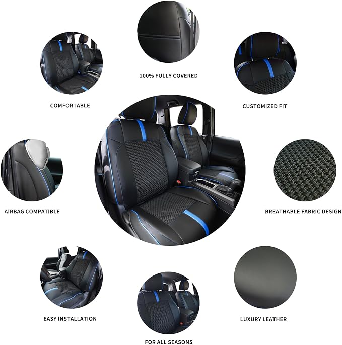 Front Seat Covers Custom Fit for Toyota Tacoma 2016-2023 Double & Crew Cab SR,SR5,Limited,TRD Sport,TRD Pro,TRD Off-Road,Full Coverage Leather Seat Covers,Interior Accessories,Blue Black