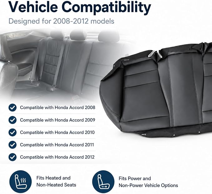 NLQR Black Rear Bench Bottom Replacement Seat Cover Compatible with Honda Accord 2008 2009 2010 2011 2012
