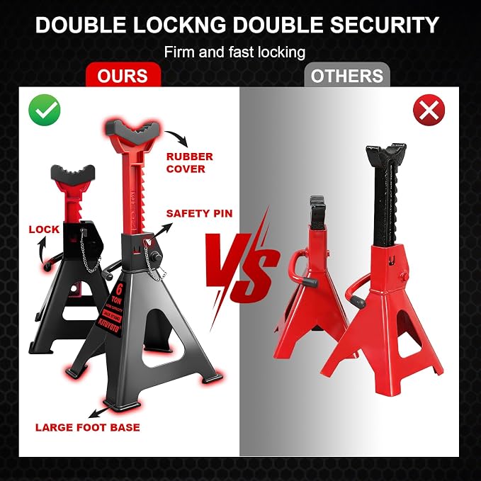 6 Ton (13,200 LBs) Jack Stands with Double Pin Locking,Rubber Cover and Large Foot Base,15"-23" Adjustable Height,Heavy Duty Car Jack Stands,Lifting Bus,RV,SUV,MPV,Pickup Truck,ATV/UTV,1 Pair