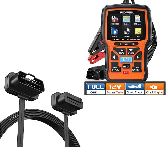 FFOXWELL NT301 Plus 2 IN1 OBD2 Scanner Battery Tester and 16pin OBD2 Extension Cable Scan Tool Battery Charging Cranking Test, Check Engine EVAP Check