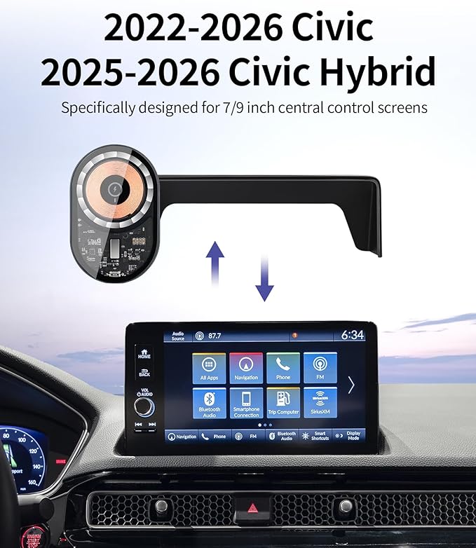 Wireless Charging Car Phone Holder for Honda Civic 2022-2026 / Civic Hybrid 2025-2026, 7/9" Screen Fixed Clip, 360° Rotation Car Phone Mount Compatible with MagSafe