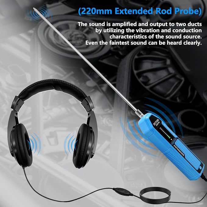 ZKTOOL Automotive Electronic Mechanics Stethoscope Electronic Ear Diagnostic Device Kit EM410, with Short and Long Probe, Headphones, Engine Noise Finder Detector Tester, Frequency Range 20Hz~20KHz