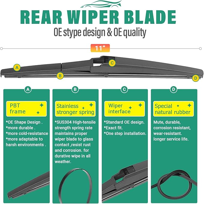 26" 16" 11" Windshield Wiper Blades Replacement for Hyundai Kona 2018 2019 2020 2021 2022 2023 Kona Electric Premium All Weather Front Rear Wipers Set - OEM Quality (Pack of 3)