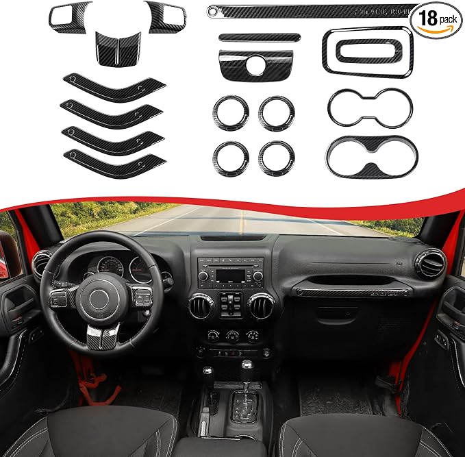 CheroCar 18PCS Interior Trim Kit for Jeep Wrangler JK JKU 2011-2018 4 Door,Steering Button Frame, Air Conditioning Vent Trim Cup Holder Cover,Gear Shift Knobs Frame,Carbon Fiber…