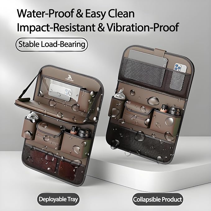 Universal Foldable Car Backseat Organizer with Table Tray, Car Seat Back Protector with Touch Screen Phone Holder, Premium Leather Kick Mats with Storage Pockets Tissue Holder (Brown)