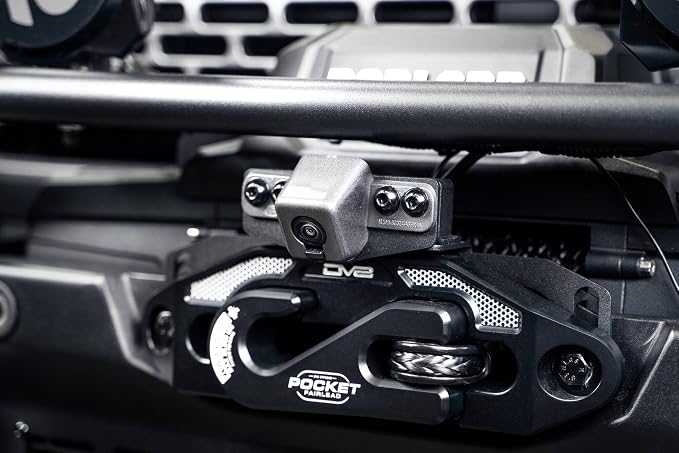 DV8 Offroad Front Camera Relocation Bracket for 2021-2026 Ford Bronco | Corrects 360 View with Winch Bumper | Includes Extended Camera Optical Cable & Spray Hose | Adjustable for Different Setups