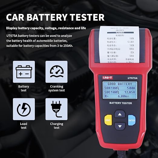 UNI-T UT675A 12V/24V Car Battery Tester with Printer, 40-2000 CCA Automotive Battery Load Tester, Battery Analyzer&Checker Alternator Tester for Car Truck Motorcycle, USB Data Transfer