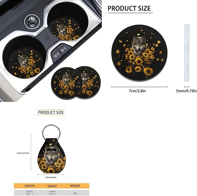 Xoenoiee Wolf Sunflower Black Pattern Car Seat Covers and Accessories, Front Rear Seat Covers, Steering Wheel Cover, Seat Belt Pads, Coasters, Keychains for Car SUV Decor, 11 PCS Set