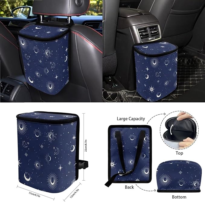 Wanyint Sun Moon Star Car Seat Covers Front Rear Split Bench Full Set Steering Wheel Cover Seat Belt Pads Coasters Trash Bin Hanging Storage Bag Cup Holders Rearview Mirror Cover Key Ring, 15 PCS