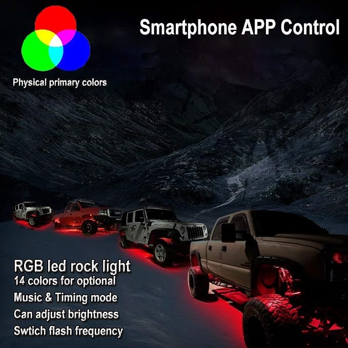 OPP ULITE RGB Led Rock Lights 12Pods, APP Control Rock Light Kit, DIY Color Timing Music Flashing Mode, Interior Underglow Lights for Jeep Offroad Trucks UTV SUV ATV Motorcycle Boats
