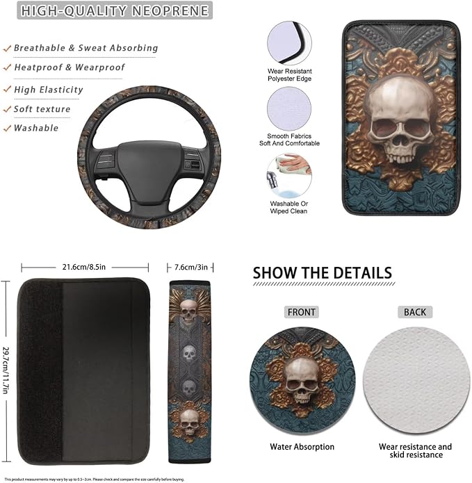 Lotusorchid Skull Print Automotive Seat Covers, Soft Comfy Car Seats Covers Full Set with Steering Wheel Cover Car Armrest Box Pad Seat Belt Cover Gear Shift Knob Covers for Most Vehicles