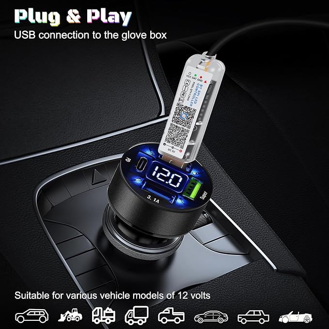 Dreamcolor Acrylic Interior Car LED Strip Light with USB/Type C/4-Port USB Cigarette Lighter,RGB 10 in 1 with 175 inches 650 LEDs Ambient Lighting Kits, Sound Active Function Neon Led Strips for Car