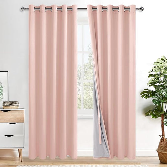 XWZO 100% Blackout Curtains 84 Inches Length with Tiebacks- Full Shade Window Drapes Thermal Insulated Double Layer with Black Liner for Bedroom/Living Room, Grommet, Blush Pink, W60 x L84, Set of 2