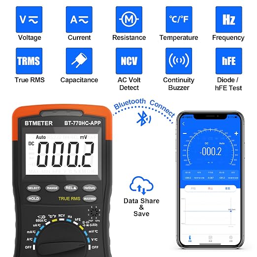 BTMETER Digital Multimeter, Handheld TRMS 6000 Multi Meter Auto Range Voltmeter Ammeter Measure AC DC Volt Amp Ohm Continuity Capacitance Frequency Diode hFE Transistor Temp 770HC-APP