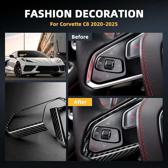 Steering Wheel Button Frames Covers with Real Carbon Fiber - 2PCS for C8 Steering Wheel Button Frames Stickers, Steering Wheel Accessories for Corvette C8 2020 2021 2022 2023 2024 2025 (Black)