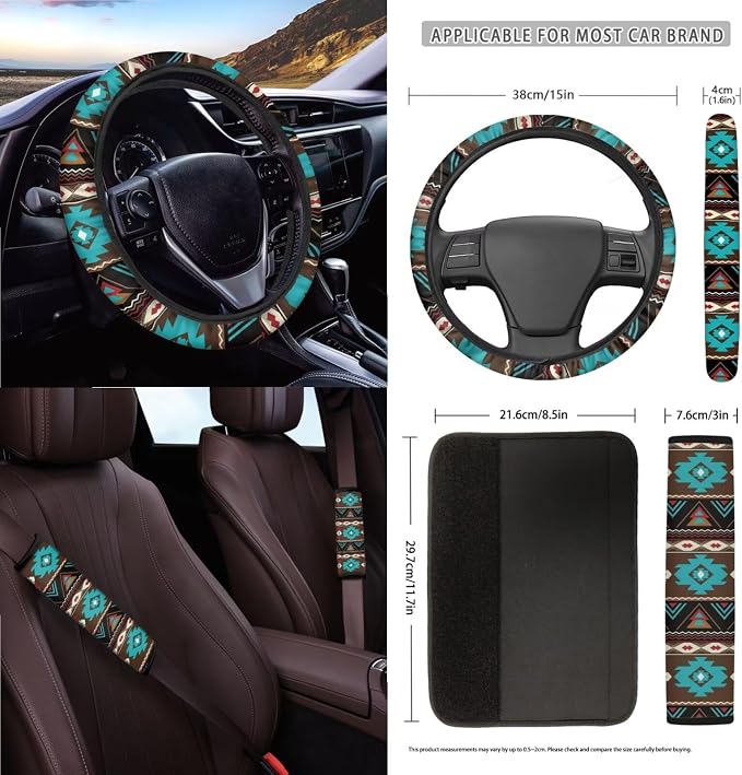 Wanyint Car Seat Cover Set 15 Pack, with Steering Wheel Seat Belt Strap Rearview Mirror Cover Garbage Cans Air Vent Pouch Coasters Keychain Auto Interior Decor, Southwest Aztec Teal Brown