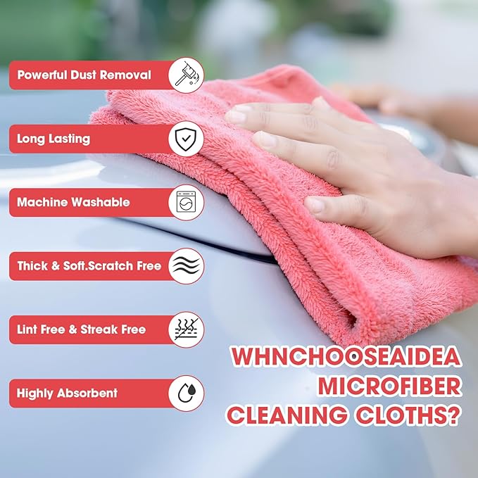 Shimeyao 30 Pcs Edgeless Microfiber Plush Towels for Cars Detailing Drying Wash Polishing Absorbent Cleaning Cloths, 500 GSM (16 x 16 Inch,Vivid Red)