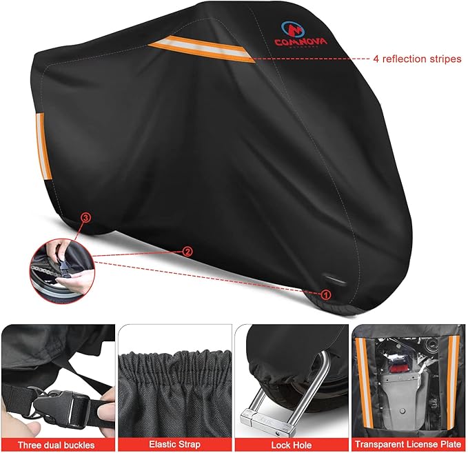 Comnova Motorcycle Cover 81 Inch - 600D Outdoor Moped Cover with Lock Hole Universal Fit, Heavy Duty & Waterproof Motor Cycle Protection for Harley, Honda, Kawasaki, Fit Up to 81" Motorcycles