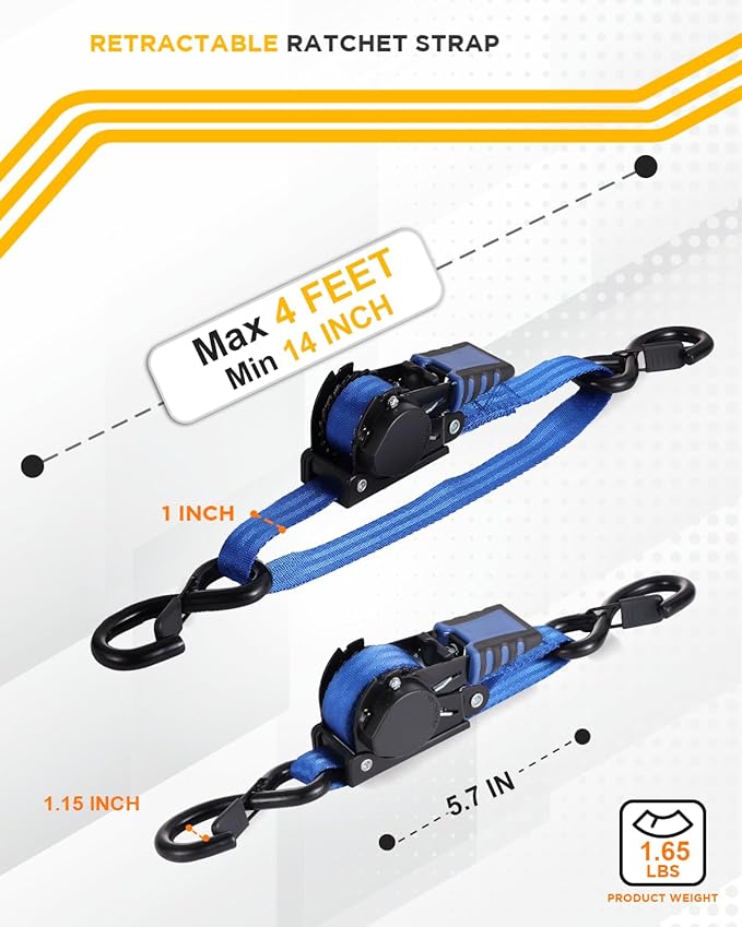Strapinno Retractable Ratchet Straps - 1 in x 4 ft Heavy Duty Adjustable Boat Transom Tie Down, 2PCS, 2400lbs Breaking Strength, Safety S Hooks, for Boat, Jetski, Seadoo, Waverunner, and PWCs (Blue)
