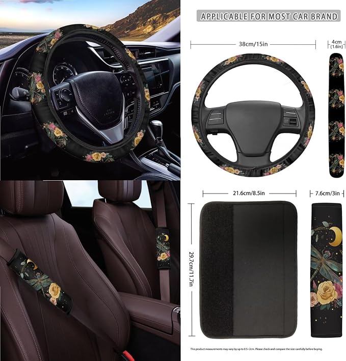 Dragonfly Roses Floral Moon Print Car Seat Cover Sets Steering Wheel & Seat Belt Cover Trash Bin Air Vent Storage Box Front Rear View Mirror Cup Holder Keychain 15Pcs Car Accessories