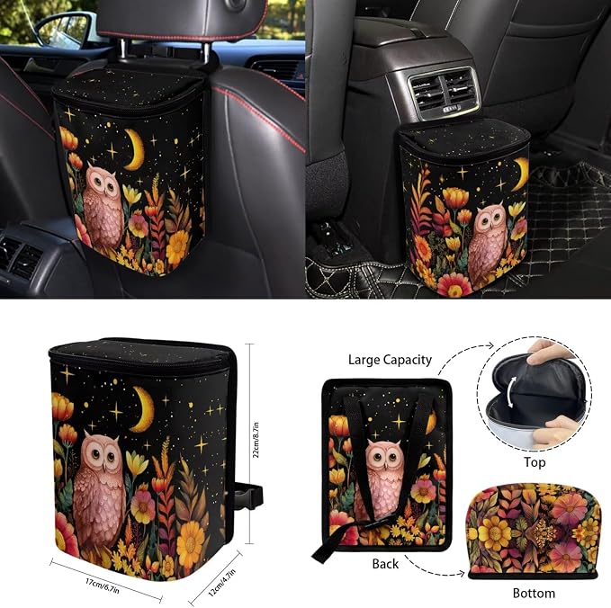 Moon Floral Owl 15Pcs Car Seat Cover Full Set Car Steering Wheel Cover Seat Belt Cover Trash Bin Front Rear View Mirror Car Cup Holder Keychain