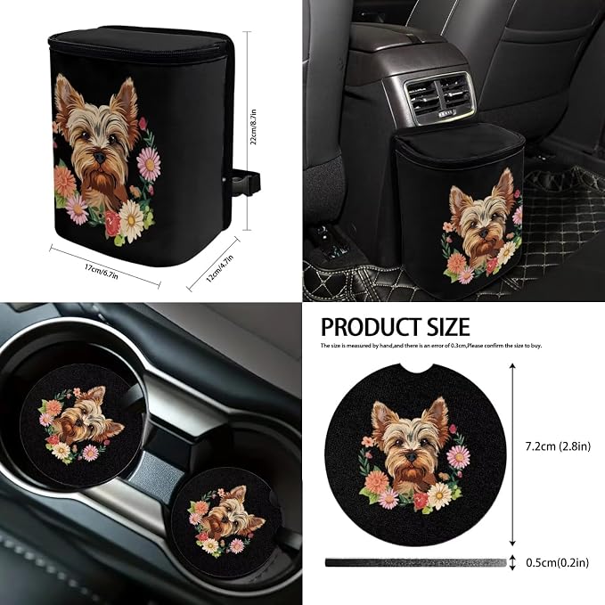 Suobstales Yorkshire Daisy Print Car Seat Cover 13 Sets Auto Seat Cover Protector with Steering Wheel Cover +Seat Belt Covers + Rearview Mirror Cover + Trash Can + Coasters + Keychains