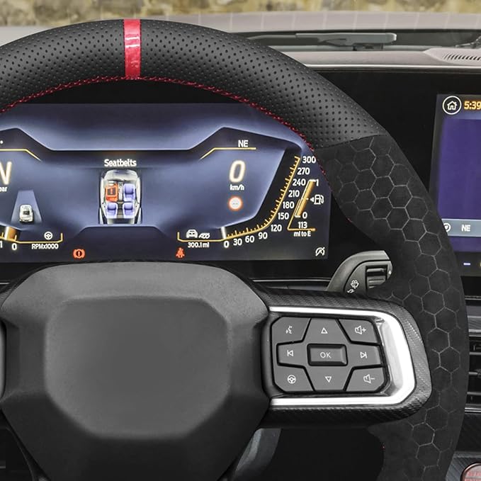 MEWANT Hand Stitch Black Faux Leather Hexagon Embossed Athsuede Steering Wheel Cover Wrap for Ford Mustang 2024
