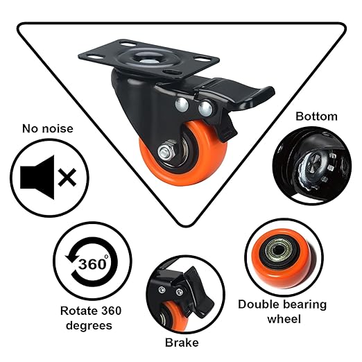 2" Caster Wheels Set of 48, Heavy Duty with Brake | No Noise, Locking, Polyurethane (PU) Wheels, Swivel Plate, Orange, Pack of 48