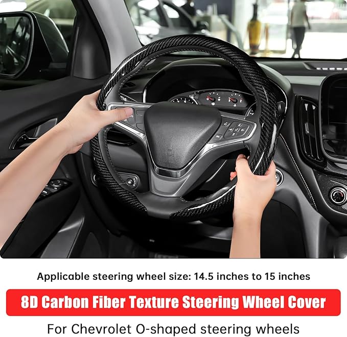 Car Steering Wheel Cover for Chevrolet Carbon Fiber Pattern Protective Sleeve Black Rubber Sleeve Wrapped Anti-Slip Design Compatible with 15-inch Wheels Decorative Modification Unisex Accessories