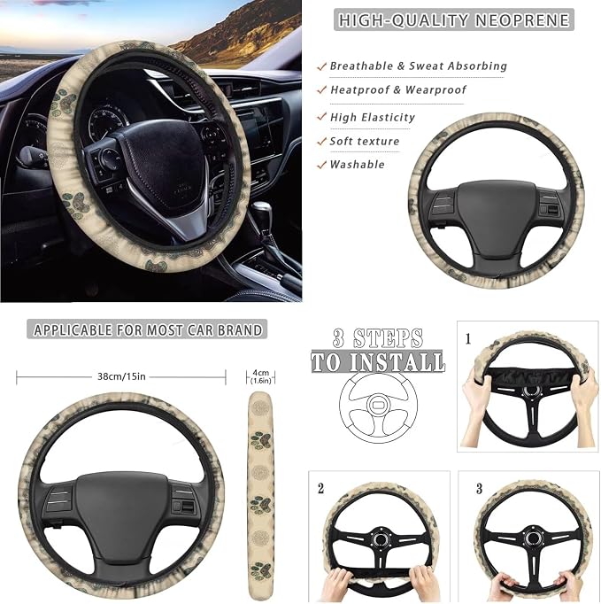 Suobstales Boho Mandala Dog Paw Print Car Accessories for Women Men Car Seat Covers Full Set Interior Cover Seat Protectors with Steering Wheel Cover, Seat Belt Pads, Coaster, Keychains