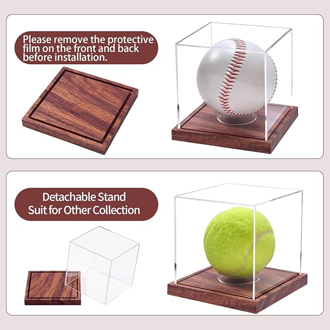 LITY 2 Pack Baseball Display Case, No Assembly Required Clear Cube Tennis Ball Holder with Solid Wooden Base, Autograph Baseball Stand Box for Single Ball