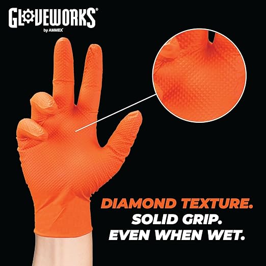 GLOVEWORKS 8 Mil Orange Nitrile Disposable Gloves Heavy Duty Industrial RDT for Mechanic and Automotive, Large Box of 100