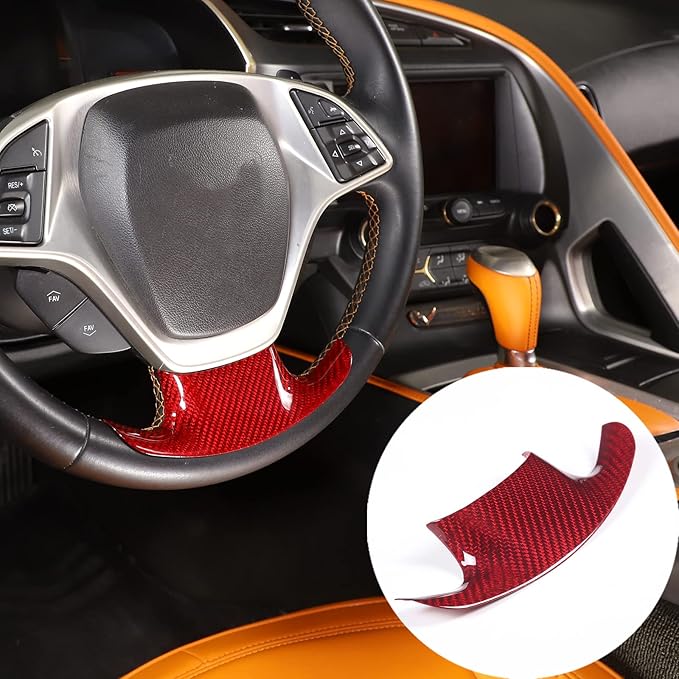 Steering Wheel Cover Trim Real Carbon Fiber 1PCS Compatible with Corvette C7 Z06 Z51 ZR1 Stingray 2014 2015 2016 2017 2018 2019 (Red Carbon)